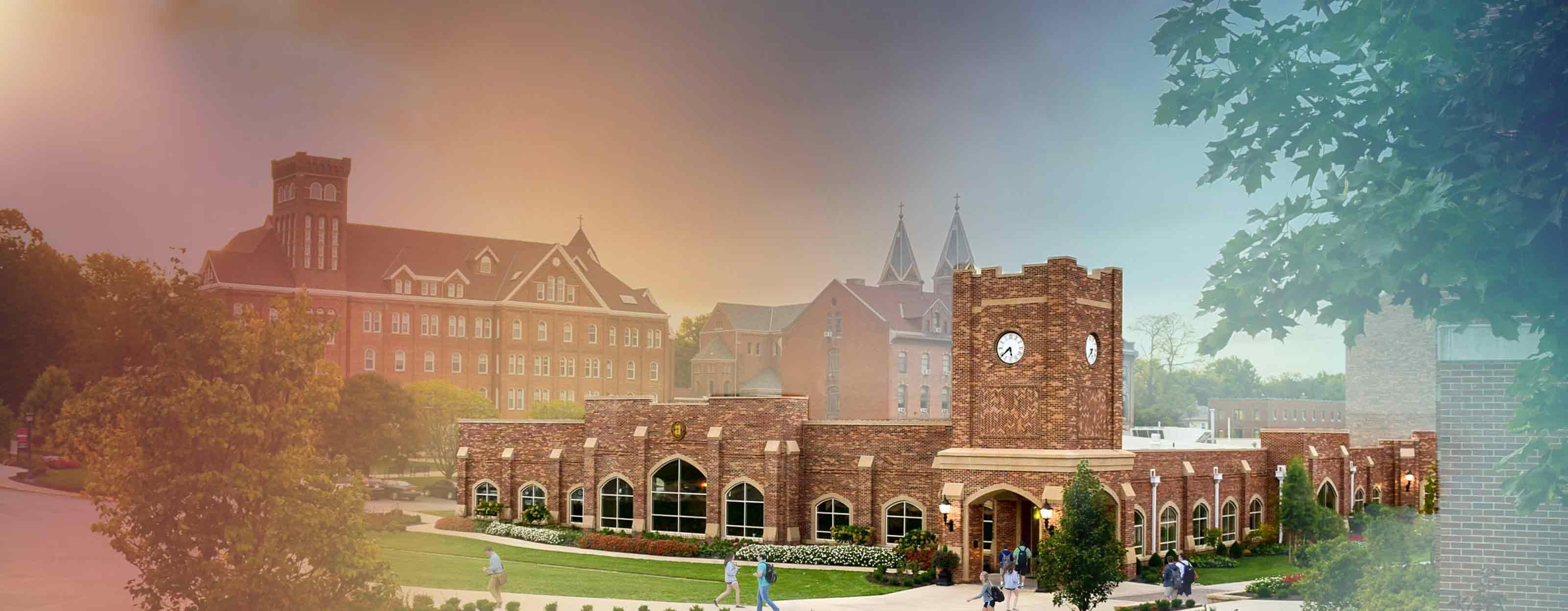 A shot of campus with the Dining Hall in the foreground